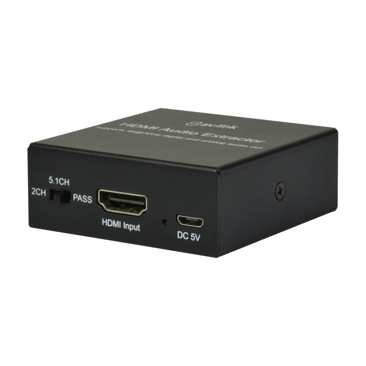 AV:Link 4K HDMI Digital Audio Extractor in a small black metal casing, front panel showing 2CH/5.1CH/PASS switch, HDMI input and micro-USB power port.