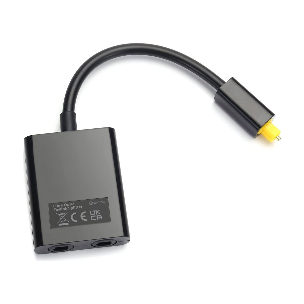 AV:Link Fibre Optic Toslink Splitter with black casing, one optical input cable and two output ports, gold-plated tips, on a white background.