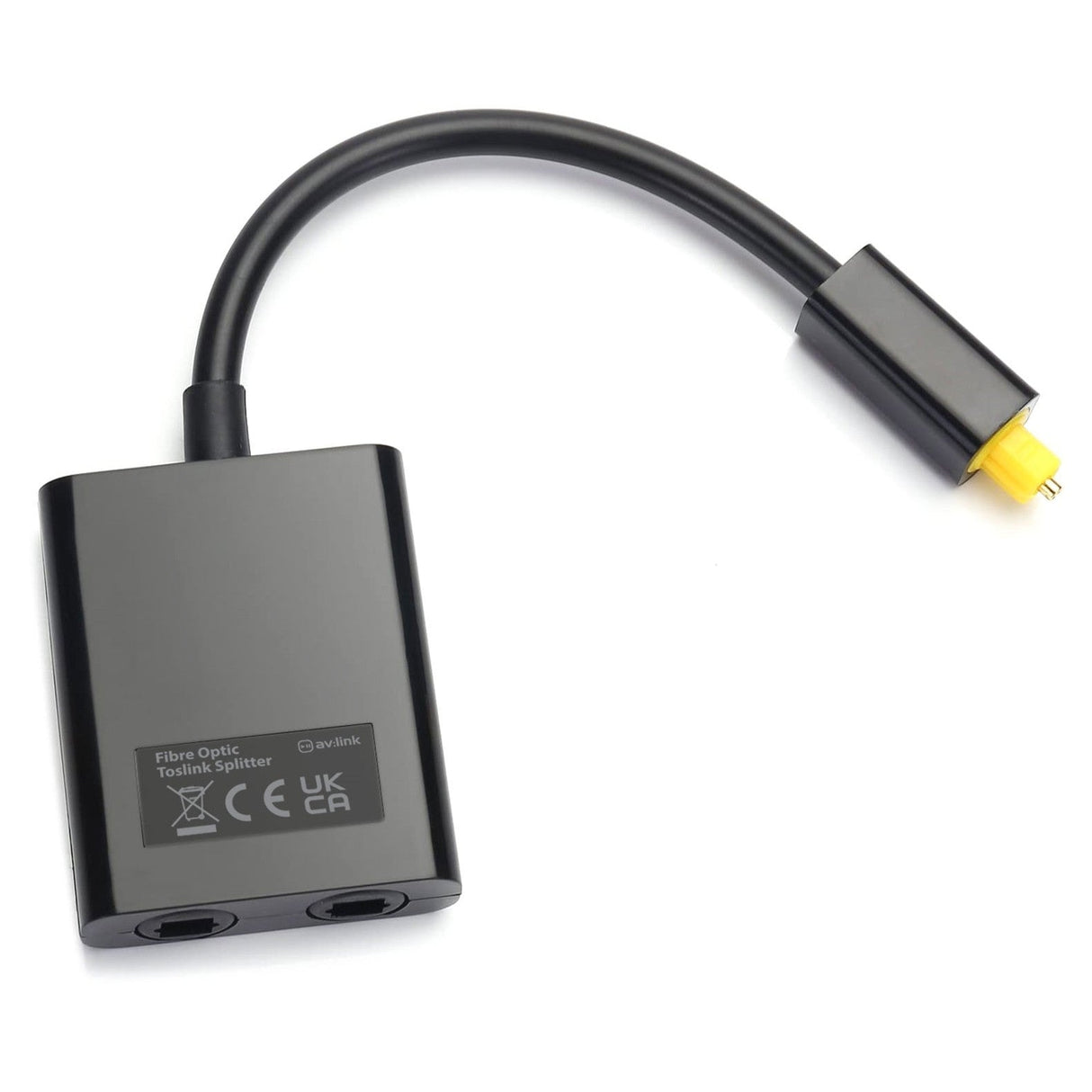 The AV:Link Fibre Optic Toslink Splitter 1 x 2 features a black design with a short, flexible cable and a gold-plated tip connector. This optical digital audio splitter includes two output ports marked with product information and certification symbols.