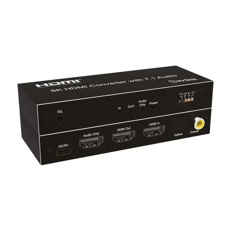 AV:Link 8K HDMI audio extractor in brushed black metal, with HDMI in/out, optical, coaxial, 3.5mm and USB-C ports, plus audio mode switch, on white.