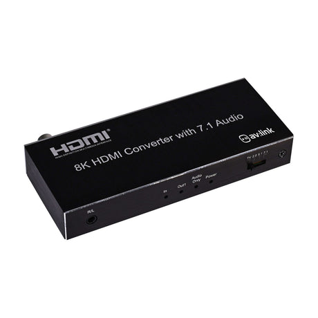 AV:Link 8K HDMI audio extractor in brushed black metal casing with front R/L jack, status LEDs and audio mode switch, shown on a white background.
