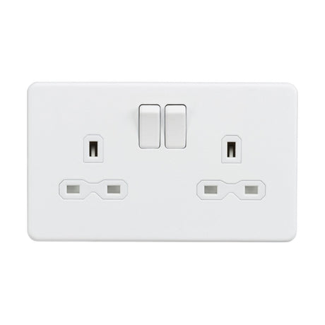 The 13A 2 Gang DP Switched Socket, featuring two switches for dual three-pin outlets, offers a sleek screwless design with a minimalist matt white finish that blends seamlessly into any plain backdrop.