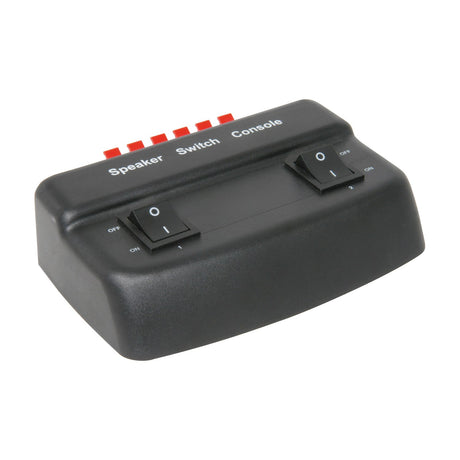 AV:Link AD-SPK21 2-way loudspeaker selector switch in matte black with two rocker switches and red spring clip terminals on a white background.