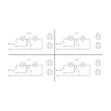 AV:Link AD-SPK21 speaker selector wiring diagram showing four switch states for routing two speaker pairs from one stereo amplifier.