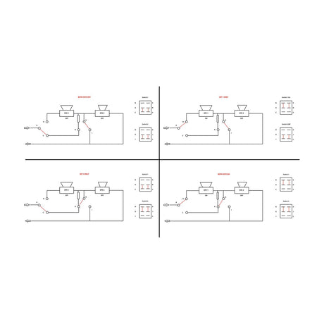 AV:Link AD-SPK21 speaker selector wiring diagram showing four switch states for routing two speaker pairs from one stereo amplifier.