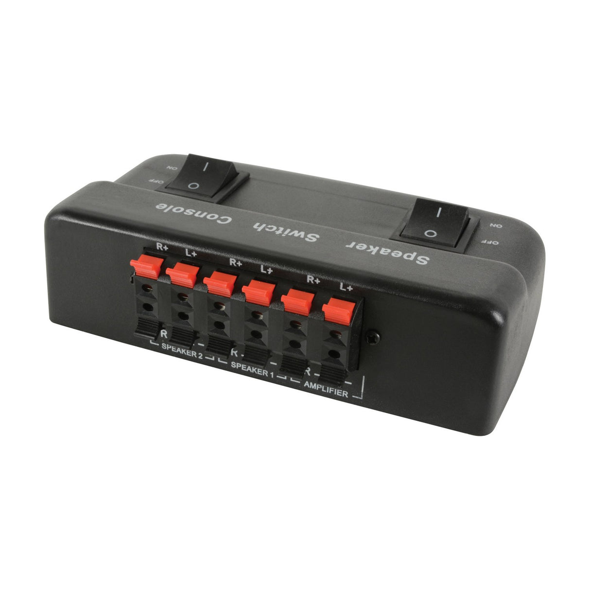 AV:Link AD-SPK21 2-way loudspeaker selector switch in matte black with two on/off rockers and six red spring clip terminals for speakers and amplifier.