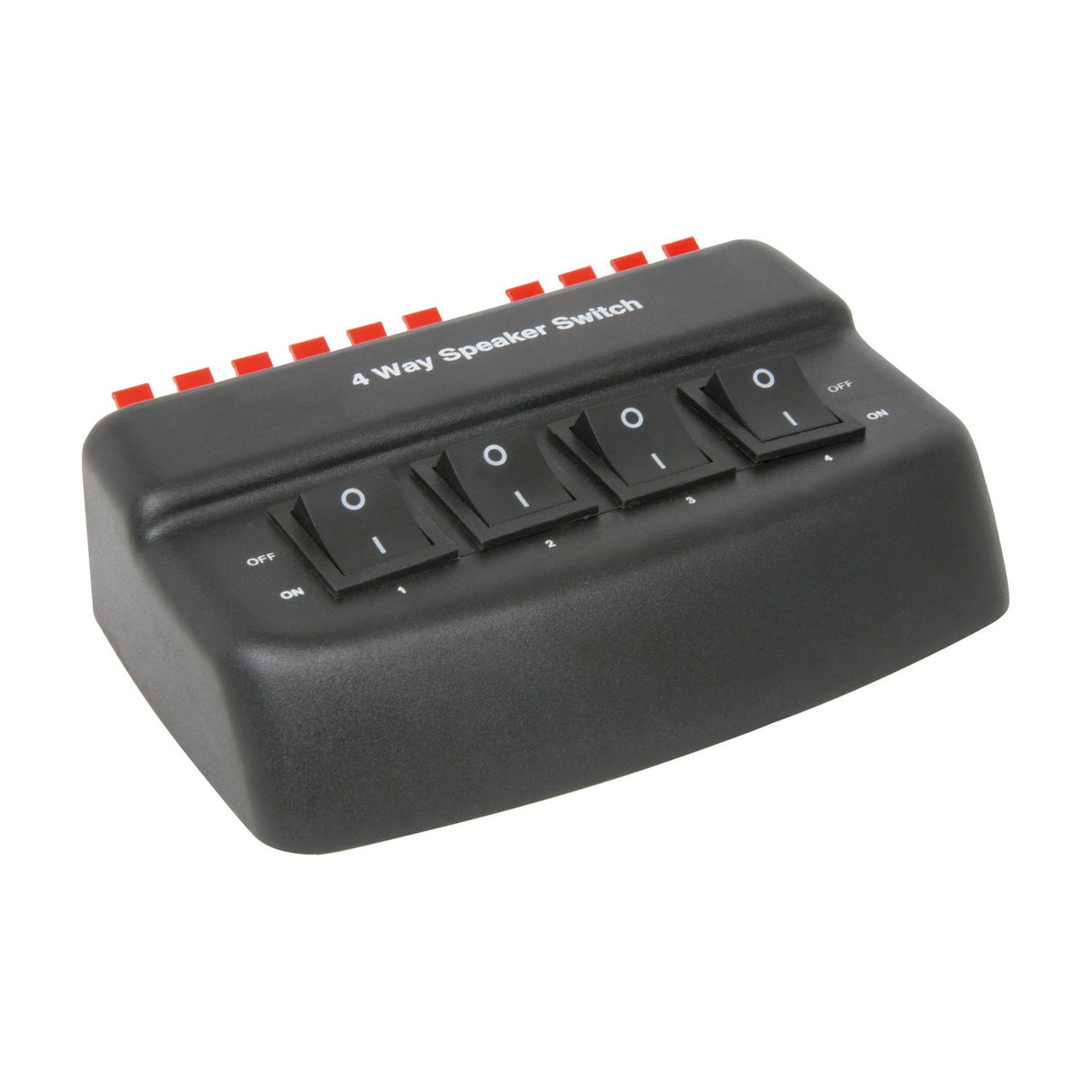 AV:Link AD-SPK42 4-way loudspeaker selector switch in black with four rocker switches and red spring clip terminals along the rear, on a white background.