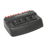 AV:Link AD-SPK42 4-way loudspeaker selector switch in black with four rocker switches and red spring clip terminals along the rear, on a white background.