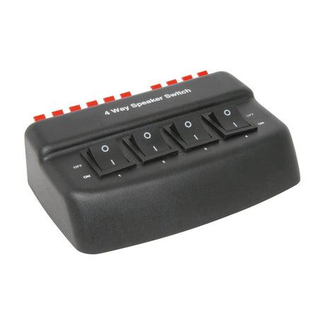 AV:Link AD-SPK42 4-way loudspeaker selector switch in black with four rocker switches and red spring clip terminals along the rear, on a white background.