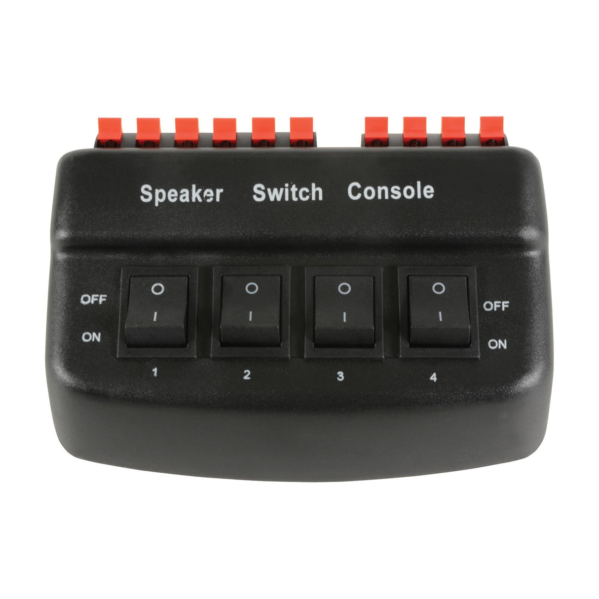 AV:Link AD-SPK42 4-way loudspeaker selector switch in black with four numbered rocker switches and red spring clip terminals, on a white background.