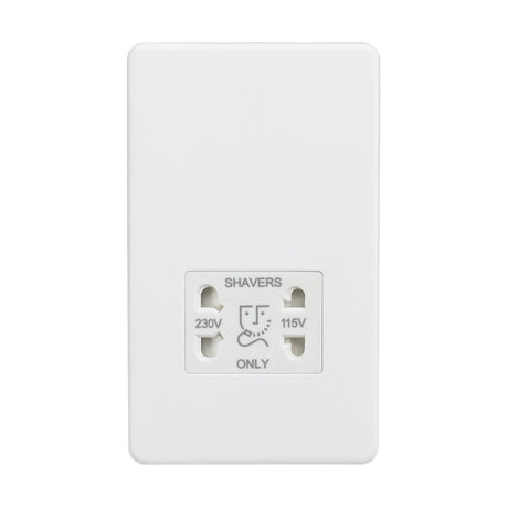 Characterized by a sleek, screwless low-profile design, the 115/Dual Voltage Shaver Socket - Matt White (White Insert) is wall-mounted and features two clearly labeled plug sockets for 230V and 115V. It also offers an IP41 rating for enhanced protection.