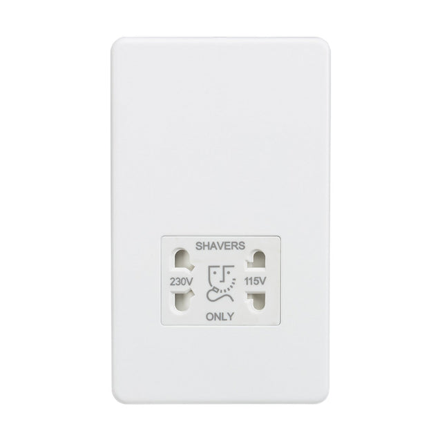 The 115/Dual Voltage Shaver Socket - Matt White features two outlets, labeled 230V and 115V, with SHAVERS above and ONLY below. Made of premium-grade steel, its simple design ensures durability, safety, and an IP41 rating for protection.