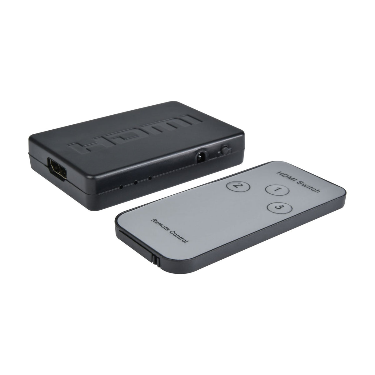 AV:Link 3-port HDMI switch, compact black metal unit with HDMI input port and status LEDs, shown beside grey IR remote with numbered buttons.