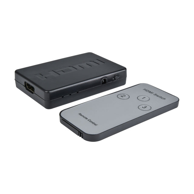 AV:Link 3-port HDMI switch, compact black metal unit with HDMI input port and status LEDs, shown beside grey IR remote with numbered buttons.