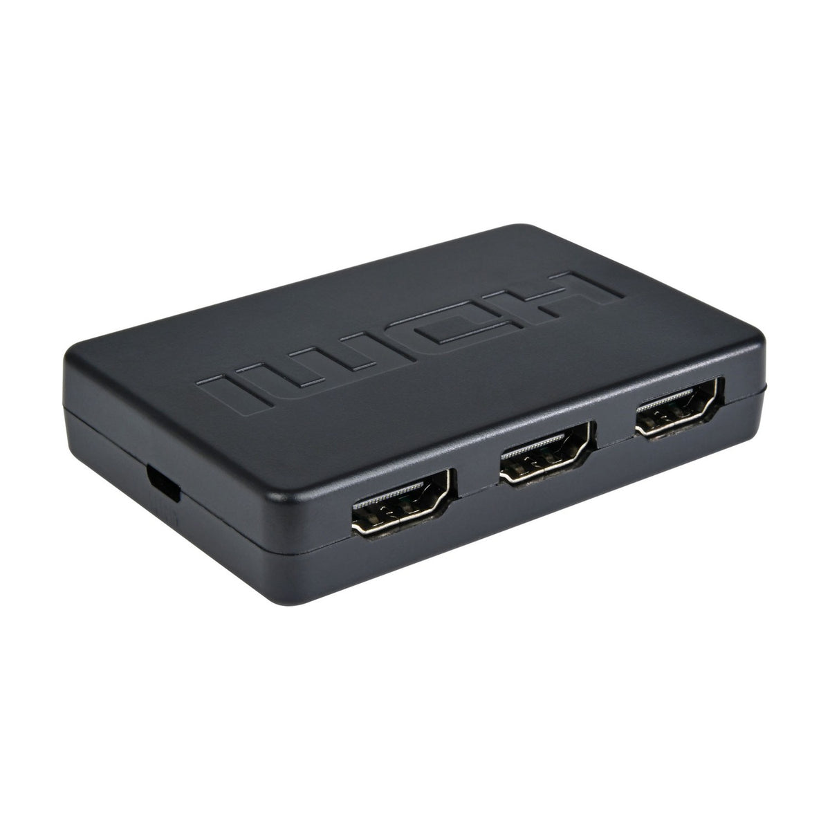 AV:Link 3-Port HDMI Switch by AVSL, compact matte black metal unit with embossed HDMI logo, three HDMI ports and micro USB, on white background.