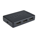 AV:Link 3-Port HDMI Switch by AVSL, compact matte black metal unit with embossed HDMI logo, three HDMI ports and micro USB, on white background.