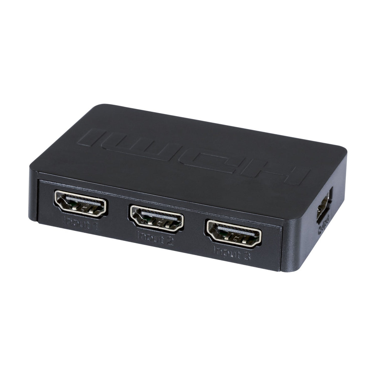 AV:Link 3-Port HDMI Switch by AVSL, compact black chassis with three labelled HDMI inputs on the front and output port on the side, on white.