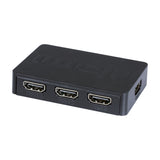 AV:Link 3-Port HDMI Switch by AVSL, compact black chassis with three labelled HDMI inputs on the front and output port on the side, on white.