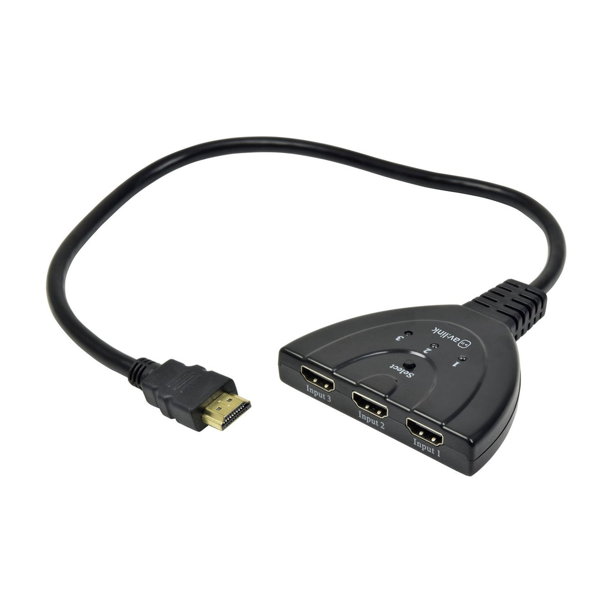 AV:Link 3-Port HDMI Switch by AVSL with attached 45cm cable, gold-plated male HDMI output, three input ports and select button on black casing.