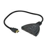 AV:Link 3-Port HDMI Switch by AVSL with attached 45cm cable, gold-plated male HDMI output, three input ports and select button on black casing.