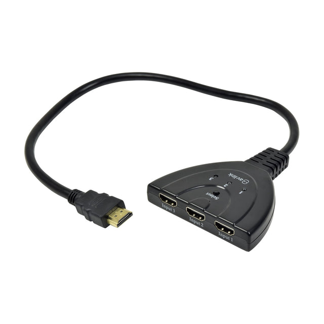 AV:Link 3-Port HDMI Switch by AVSL with attached 45cm cable, gold-plated male HDMI output, three input ports and select button on black casing.