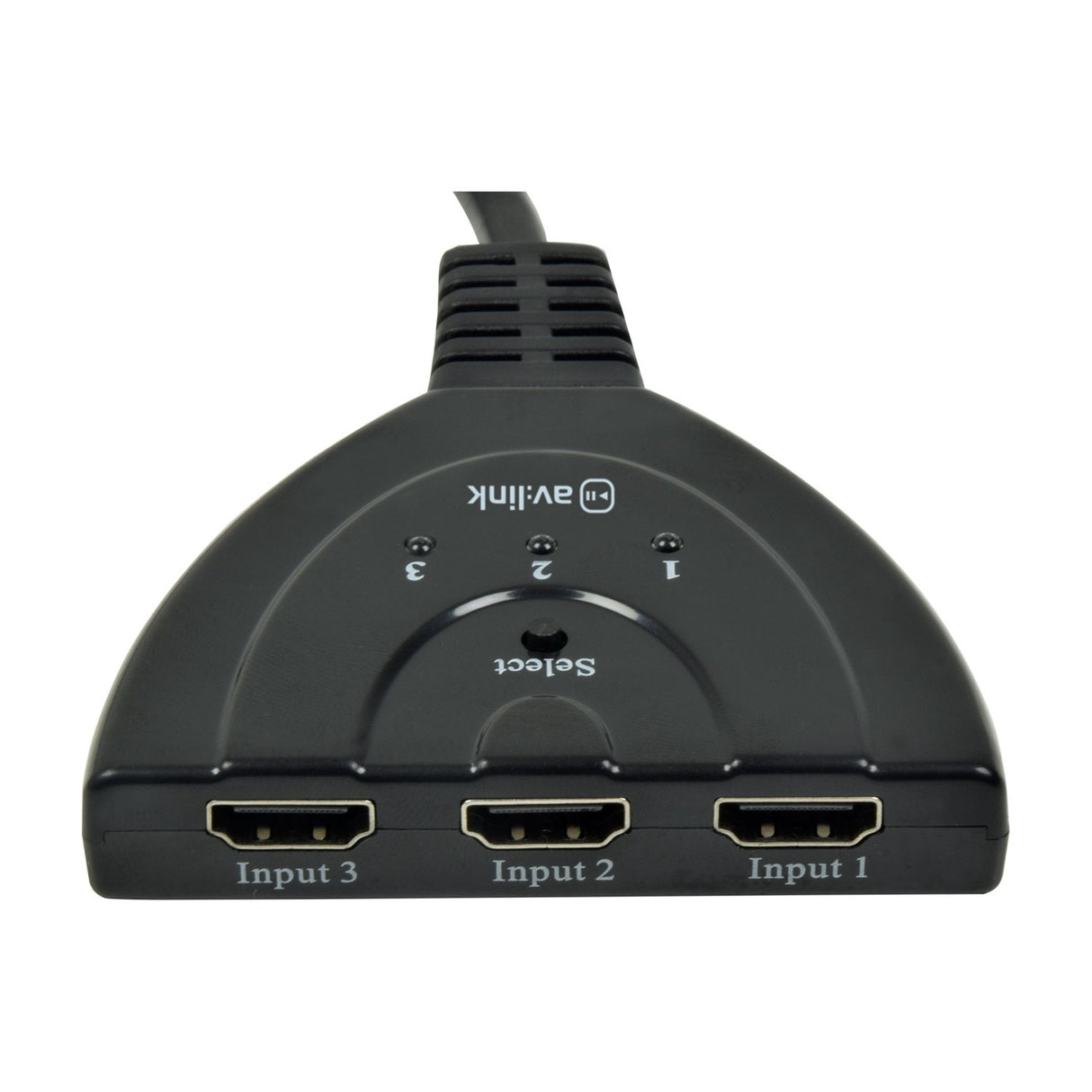 AV:Link 3-Port HDMI Switch in black with three input ports, select button, LED indicators for inputs 1 to 3, and attached output cable.