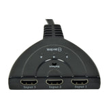 AV:Link 3-Port HDMI Switch in black with three input ports, select button, LED indicators for inputs 1 to 3, and attached output cable.
