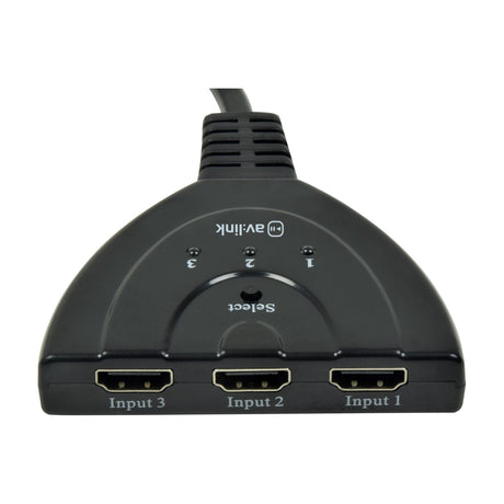 AV:Link 3-Port HDMI Switch in black with three input ports, select button, LED indicators for inputs 1 to 3, and attached output cable.