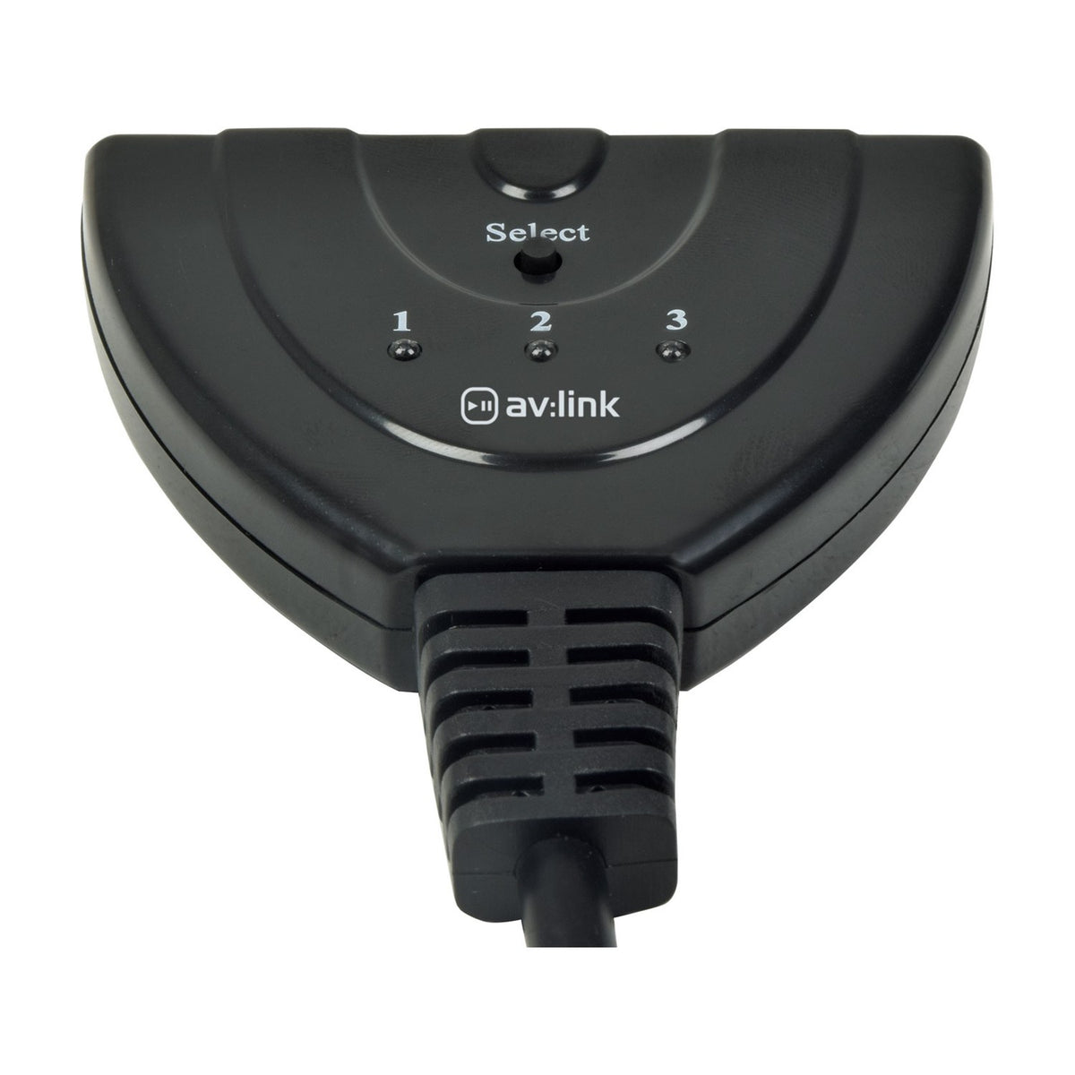 AV:Link 3-Port HDMI Switch in black with Select button, numbered 1-2-3 LED indicators, and attached output cable on a white background.