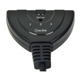 AV:Link 3-Port HDMI Switch in black with Select button, numbered 1-2-3 LED indicators, and attached output cable on a white background.