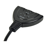 AV:Link 3-Port HDMI Switch in black with Select button, numbered 1, 2, 3 LED indicators and attached HDMI cable, shown on a white background.