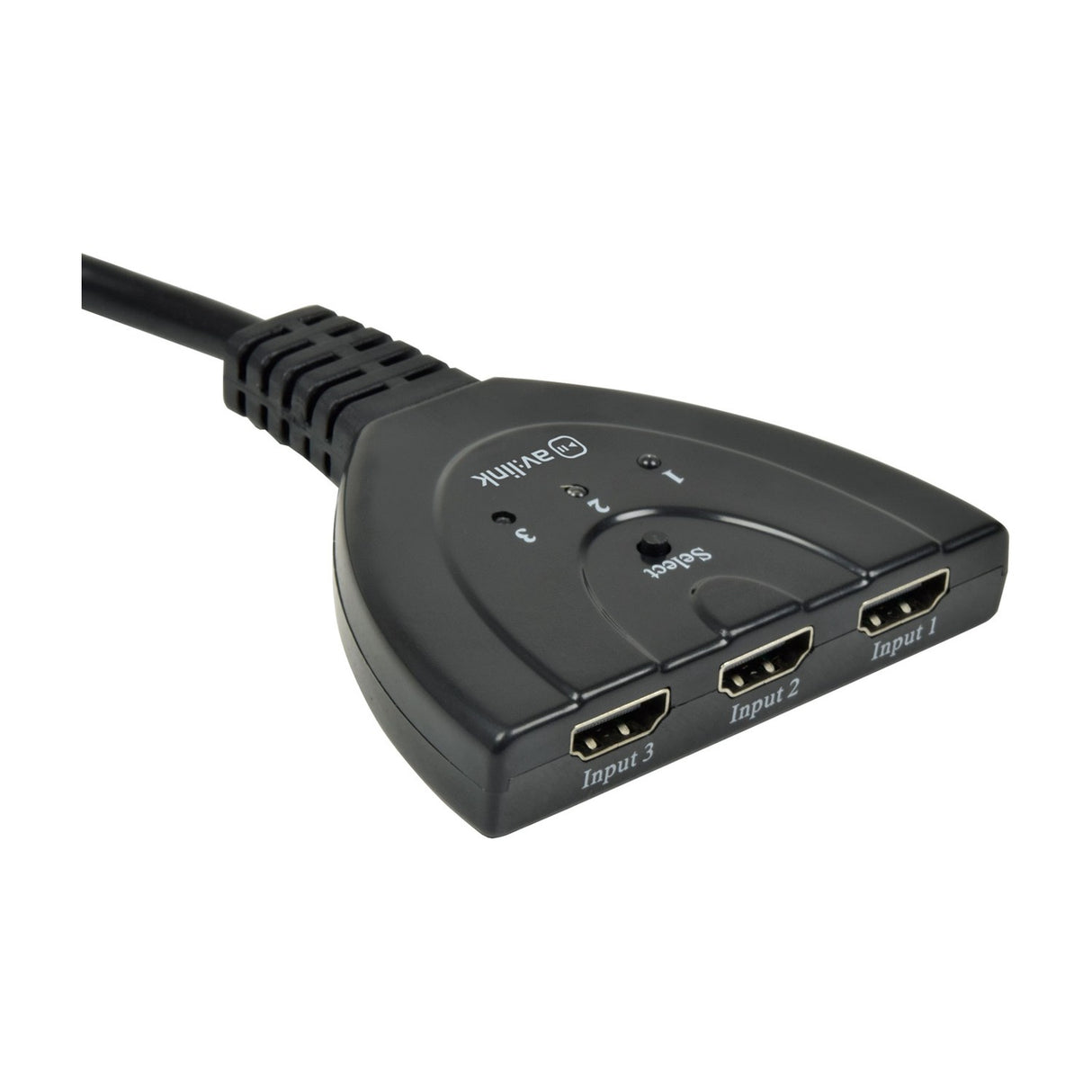 AV:Link 3-Port HDMI Switch with three input ports labelled Input 1, 2, 3, top Select button with LED indicators, and attached black output cable.