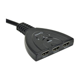 AV:Link 3-Port HDMI Switch with three input ports labelled Input 1, 2, 3, top Select button with LED indicators, and attached black output cable.