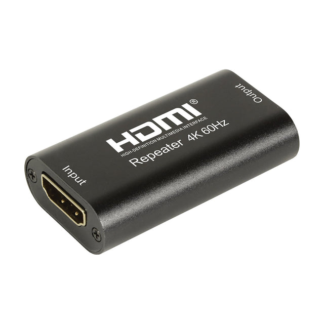 Black inline AV:Link 4K HDMI 2.0 repeater with labelled Input and Output ports, shown at an angle on a plain white background.