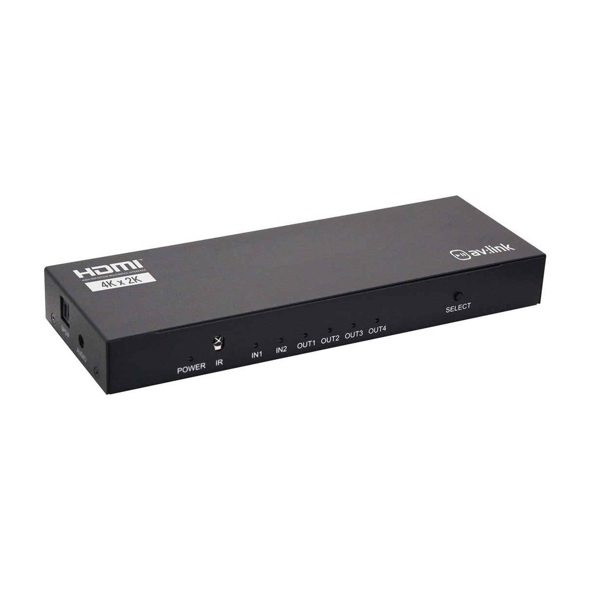 AV:Link 2x4 HDMI matrix switch splitter in black metal housing with SPDIF and audio outputs, power, IR, input and output indicator LEDs, and select button.