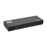 AV:Link 2x4 HDMI matrix switch splitter in black metal housing with SPDIF and audio outputs, power, IR, input and output indicator LEDs, and select button.