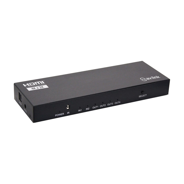 AV:Link 2x4 HDMI matrix switch splitter in black metal housing with SPDIF and audio outputs, power, IR, input and output indicator LEDs, and select button.