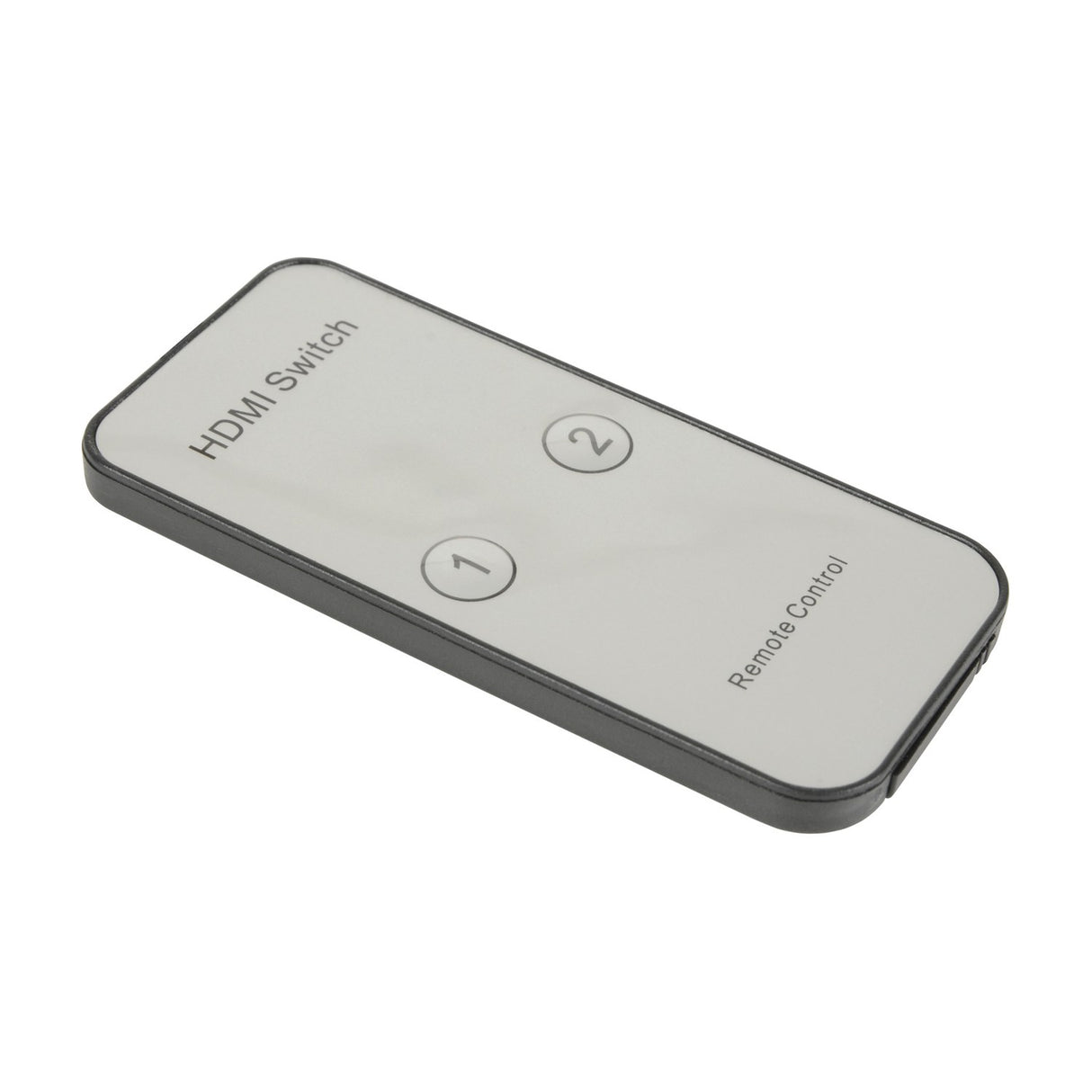AV:Link HDMI Switch IR remote control in black with silver face, showing numbered 1 and 2 source selection buttons, on a plain white background.