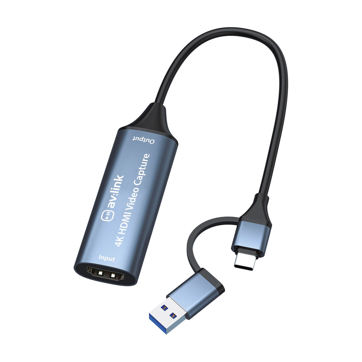 AV:Link HDVC4Kv2 4K HDMI Video Capture Card in blue-grey aluminium with HDMI input and dual USB Type-A and Type-C output lead, on a white background.