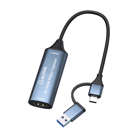 AV:Link HDVC4Kv2 4K HDMI Video Capture Card in blue-grey aluminium with HDMI input and dual USB Type-A and Type-C output lead, on a white background.