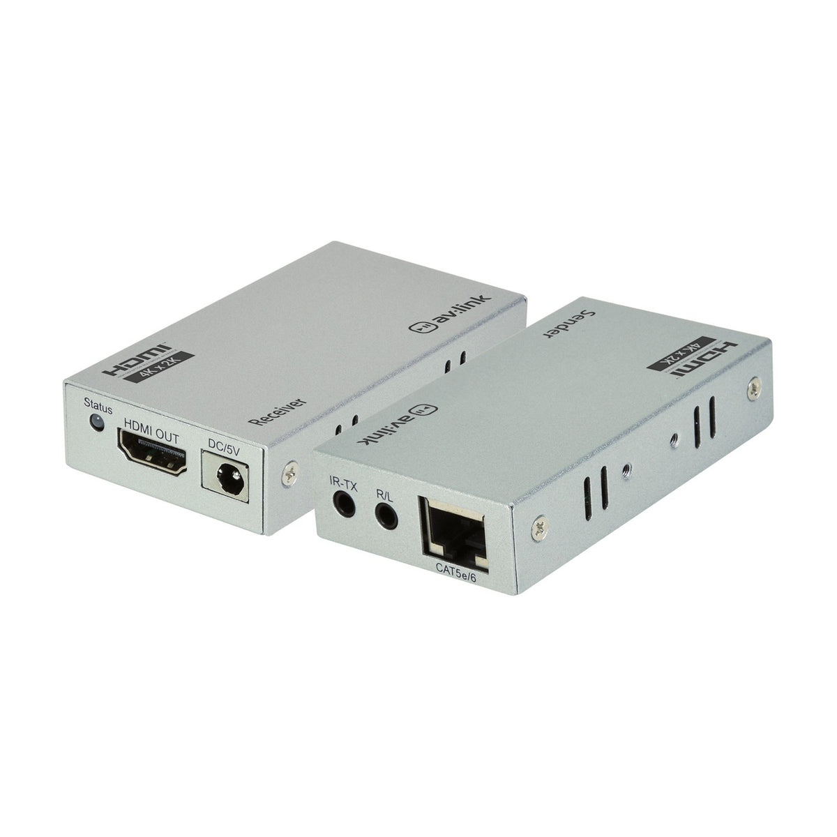 AV:Link 4K HDMI Extender Over Ethernet Kit with silver receiver showing HDMI OUT and DC/5V ports, and sender unit with IR-TX, R/L and CAT5e/6 port.