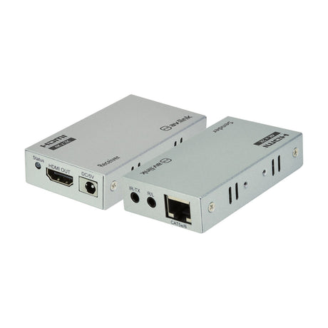 AV:Link 4K HDMI Extender Over Ethernet Kit with silver receiver showing HDMI OUT and DC/5V ports, and sender unit with IR-TX, R/L and CAT5e/6 port.