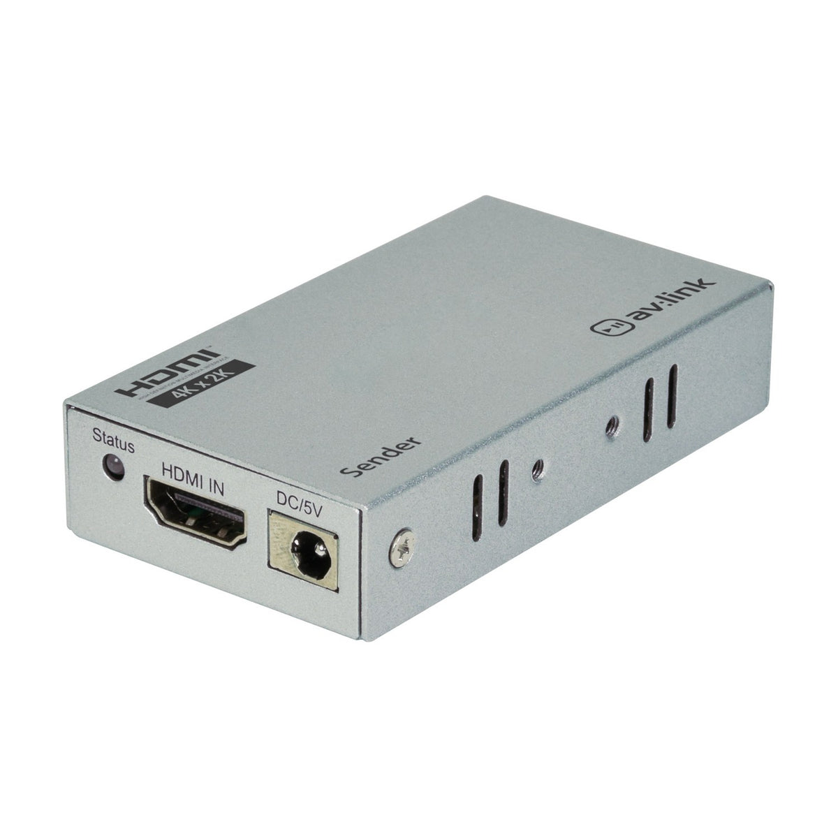 AV:Link 4K HDMI Extender sender unit in silver metal casing with HDMI IN port, DC/5V socket, status LED and ventilation slots on white background.
