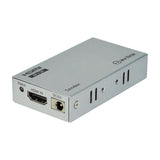 AV:Link 4K HDMI Extender sender unit in silver metal casing with HDMI IN port, DC/5V socket, status LED and ventilation slots on white background.