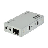AV:Link 4K HDMI Extender receiver unit in silver casing with IR-RX, R/L audio and CAT5e/6 Ethernet ports, shown on a white background.