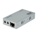 AV:Link 4K HDMI extender sender unit in grey metal casing with IR-TX, R/L and CAT5e/6 ports, shown on a plain white background.