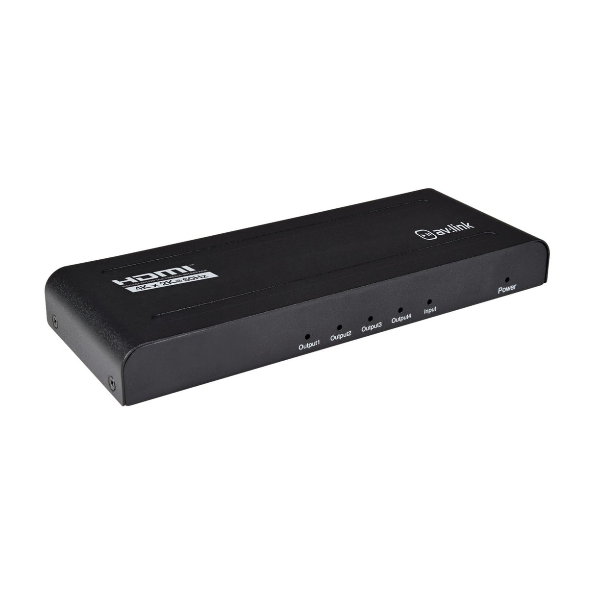 AV:Link HDMI 2.0 4K splitter with black metal casing, front-panel LED indicators for four outputs, input and power, shown on a white background.