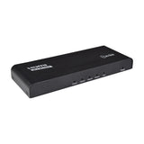 AV:Link HDMI 2.0 4K splitter with black metal casing, front-panel LED indicators for four outputs, input and power, shown on a white background.