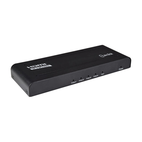 AV:Link HDMI 2.0 4K splitter with black metal casing, front-panel LED indicators for four outputs, input and power, shown on a white background.