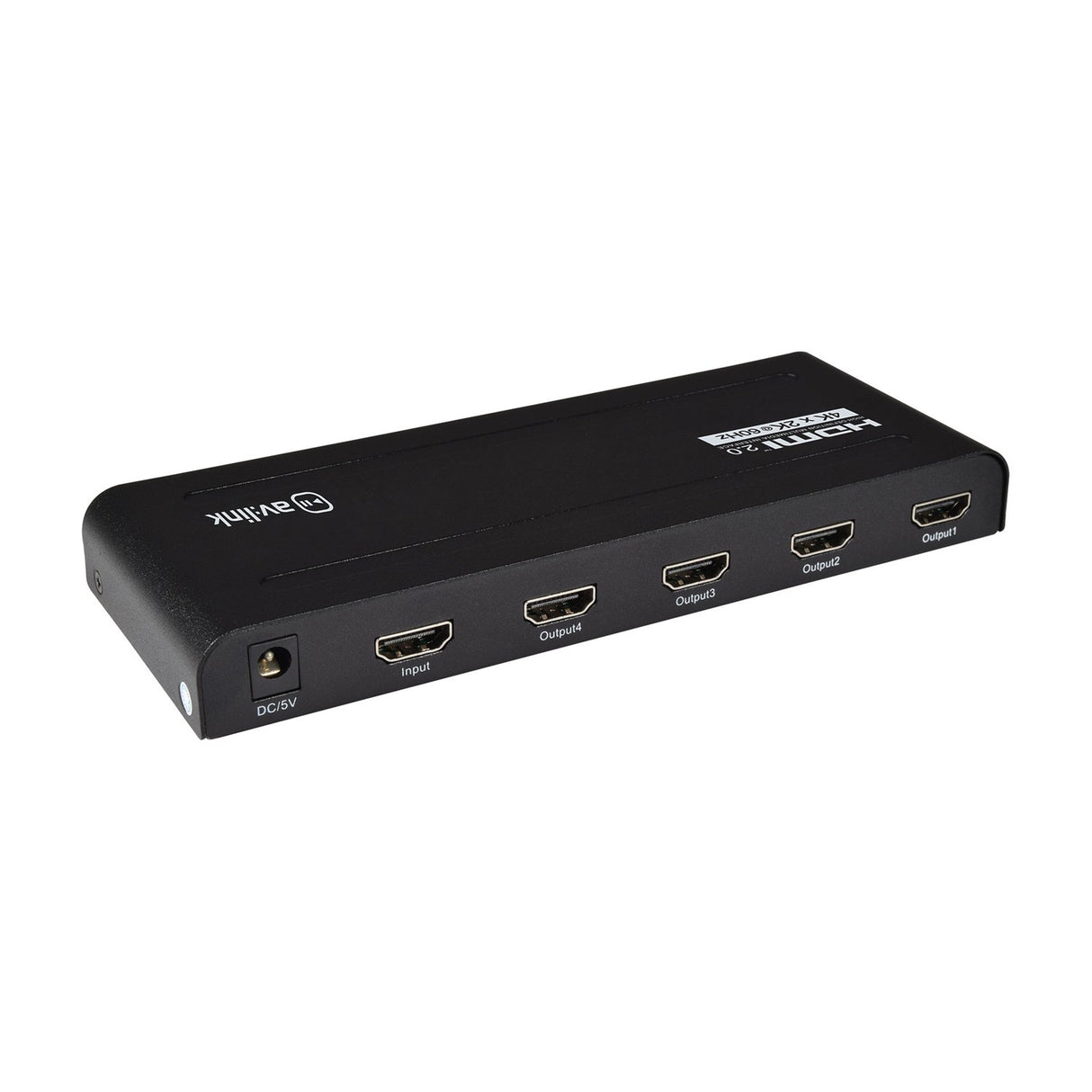 AV:Link HDMI 2.0 4K splitter with one input and four gold-plated HDMI outputs in a black metal chassis with DC 5V power port, on white.